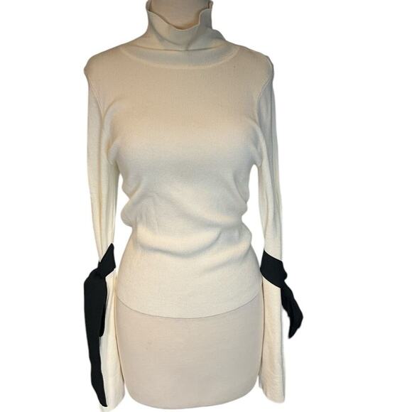 Maeve by Anthropologie White Black Mock Neck Bow Bell Sleeve Sweater Size Medium - Picture 5 of 13